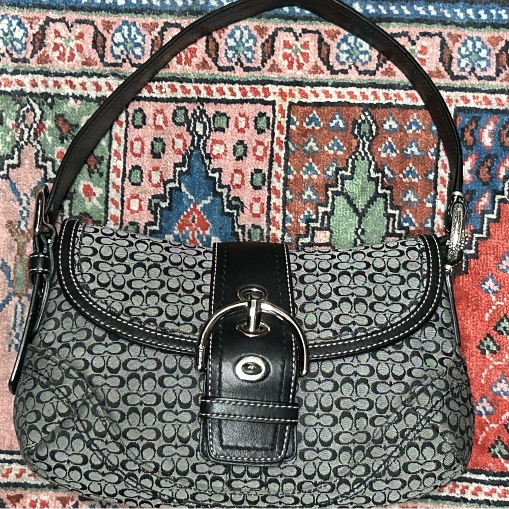 Coach small canvas bag with leather accents and silver color hardware